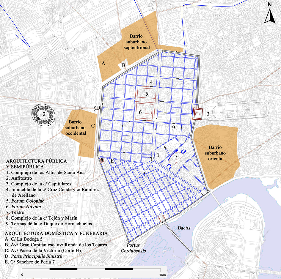 Figura 1. Plano de Córdoba hacia la primera mitad del siglo II d.C. con indicación de los principales lugares mencionados en el texto. (Modificado a partir de Ruiz Bueno 2016: planos 1-7).