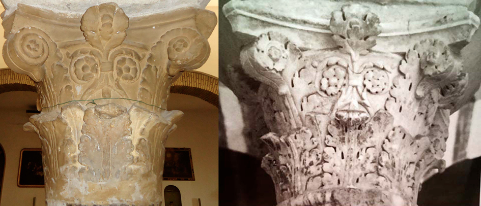 Figura 4. Izquierda. Capitel corintizante romano reutilizado en la iglesia de San José y Espíritu Santo (Córdoba). (Fotografía de M.D. Ruiz). Derecha. Capitel corintizante romano reutilizado en la ampliación de Abd al-Rahman II de la Mezquita (Córdoba). (Peña 2010: 283, lám. 41, nº 72). La altura de ambas piezas es de 47 cm.