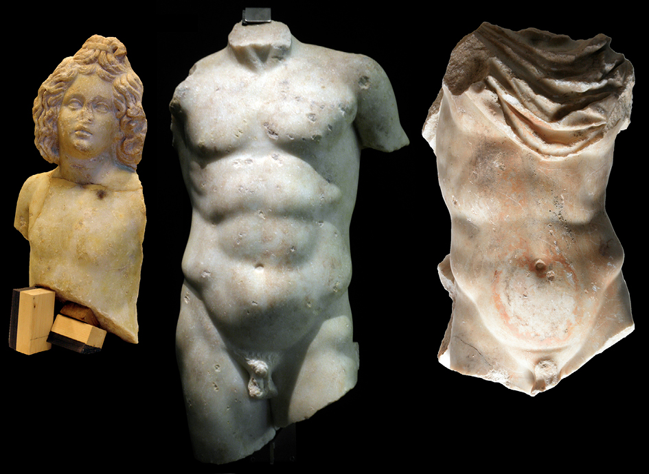 Figura 7. Estatuas ideales descubiertas en calle Duque de Hornachuelos 8. A la izquierda, escultura de Eros; en el centro y a la derecha, representaciones de dos jóvenes atletas. La altura conservada de las piezas ronda los 0.60, 0.87 y 0.73 m respectivamente. (Fotografías de J.A. Garriguet).