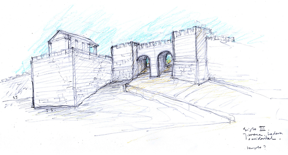 Figura 29. Reconstrucción hipotética de la muralla occidental con la puerta de la ciudad y el templo en el siglo III d. C. (Autor: Francisco Reina, arquitecto coordinador de los proyectos de restauración).