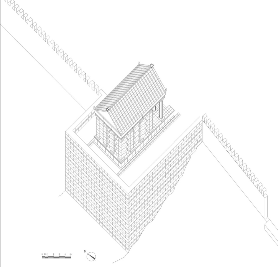 Figura 28. Reconstrucción hipotética de la plataforma de sustentación y del templo de la ciudad de <em class=