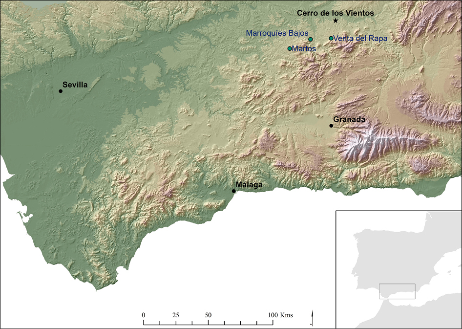 Figura 1. Localización del yacimiento del Cerro de los Vientos en el sur peninsular. Las localizaciones cercanas corresponden a otros recintos de fosos de la región (en verde).