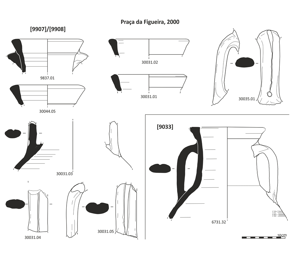 Figura 8. Lusitanas Antiguas de la Praça da Figueira. Los dibujos 6433.01, 30031.02, 30031.01, 30035.01, 30031.05, 30031.03, 6731.32 son adaptados de Silva <em class=