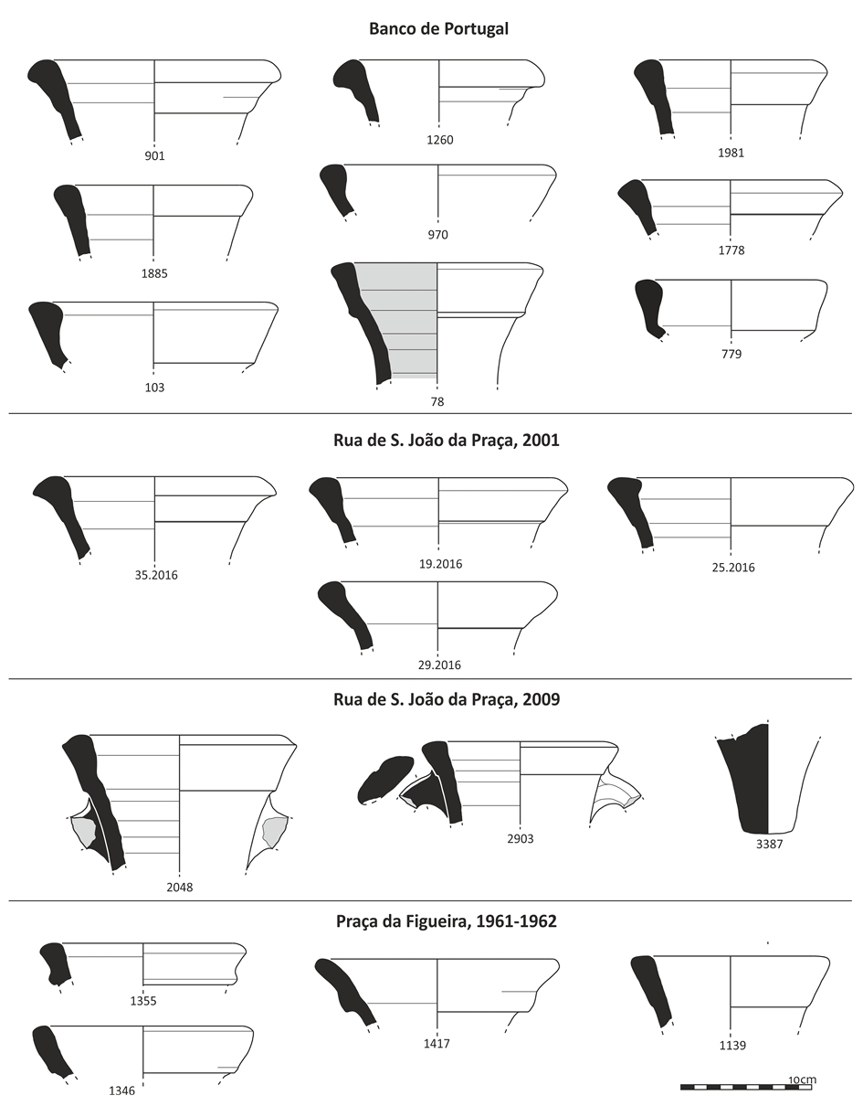 Figura 15. Lusitanas Antiguas del Banco de Portugal, de la Rua de S. João da Praça (2001 y 2009) y de la Praça da Figueira, 1961-1962 (diseños 1355 y 1346, in Almeida y Filipe 2013). 