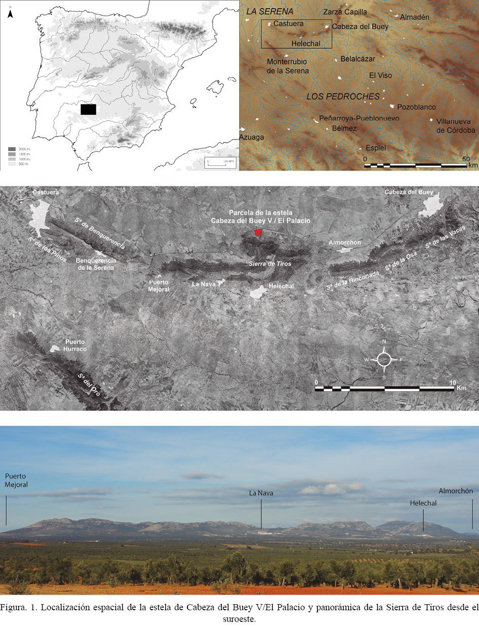 Figura. 1. Localización espacial de la estela de Cabeza del Buey V/El Palacio y panorámica de la Sierra de Tiros desde el suroeste.