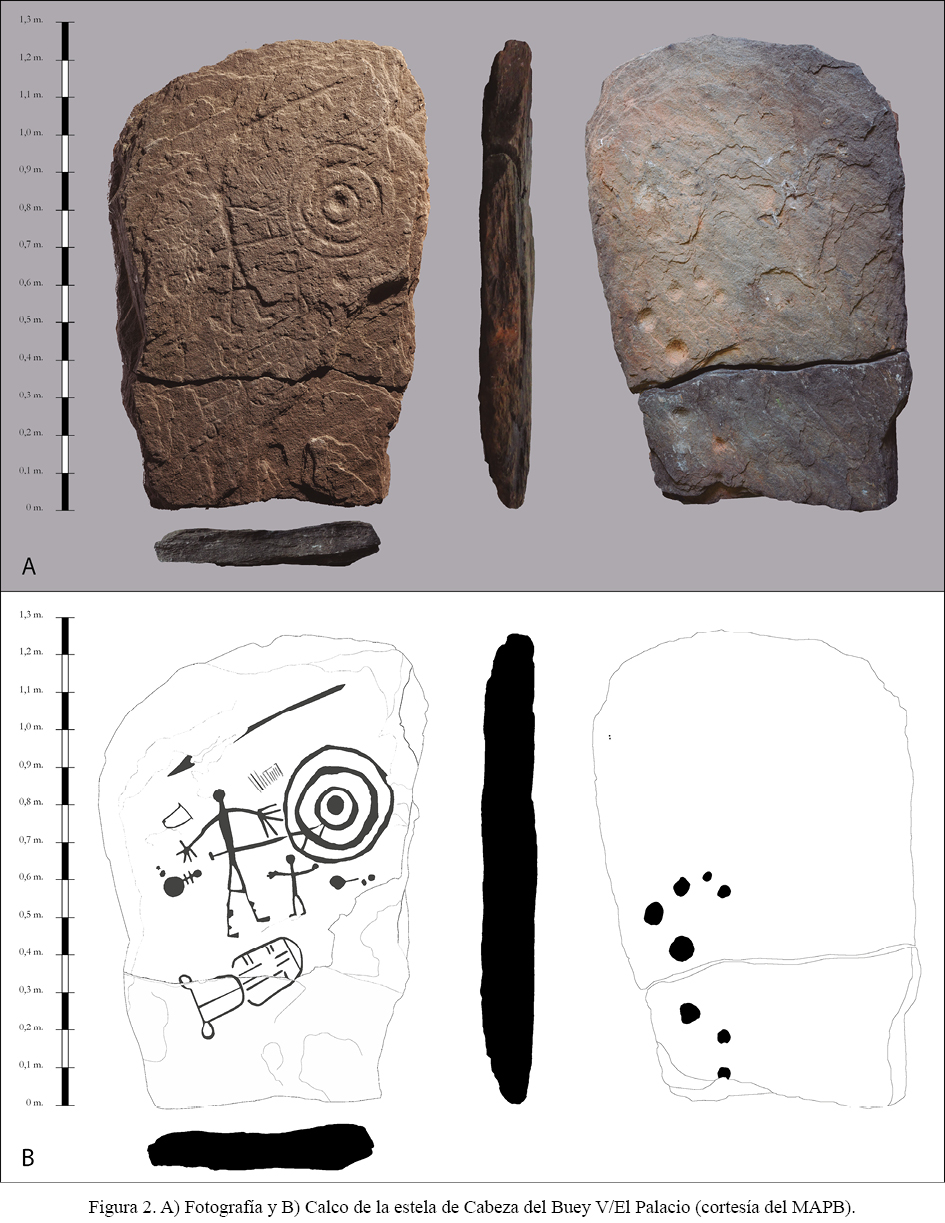 Figura 2. A) Fotografía y B) Calco de la estela de Cabeza del Buey V/El Palacio (cortesía del MAPB).
