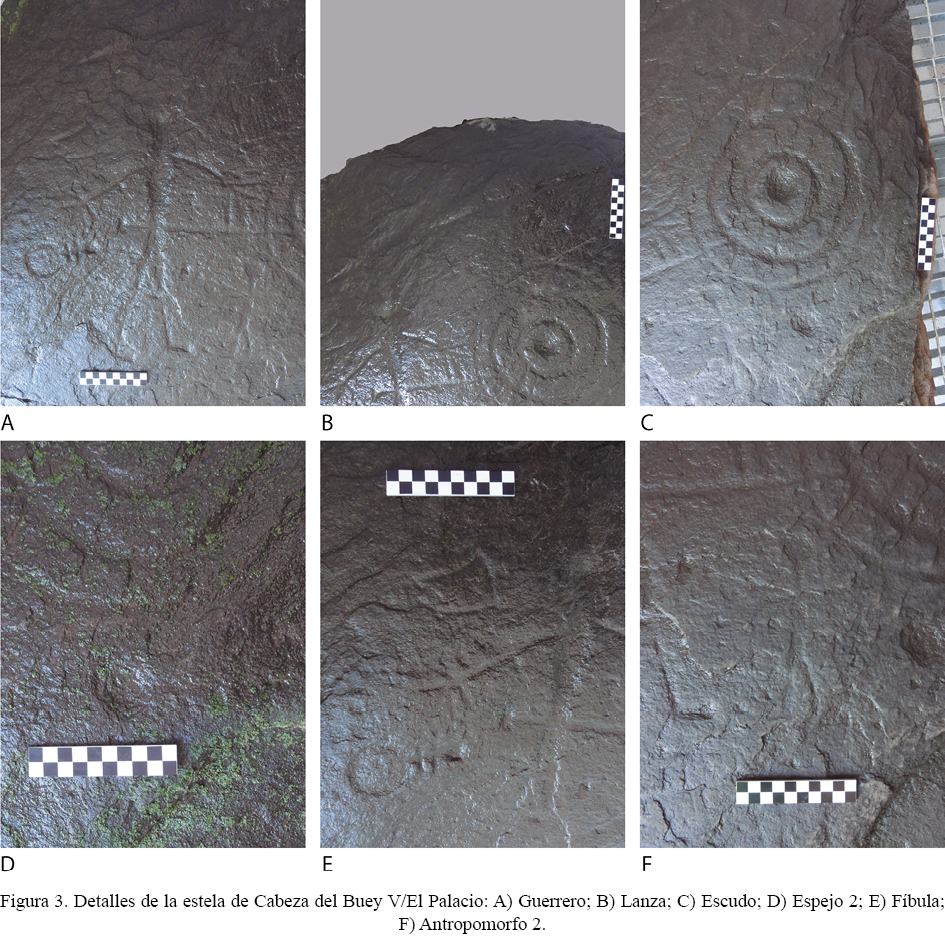 Figura 3. Detalles de la estela de Cabeza del Buey V/El Palacio: A) Guerrero; B) Lanza; C) Escudo; D) Espejo 2; E) Fíbula; F) Antropomorfo 2.