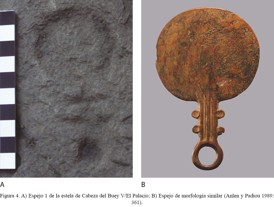 Figura 4. A) Espejo 1 de la estela de Cabeza del Buey V/El Palacio; B) Espejo de morfología similar (Anlen y Padiou 1989: 361).